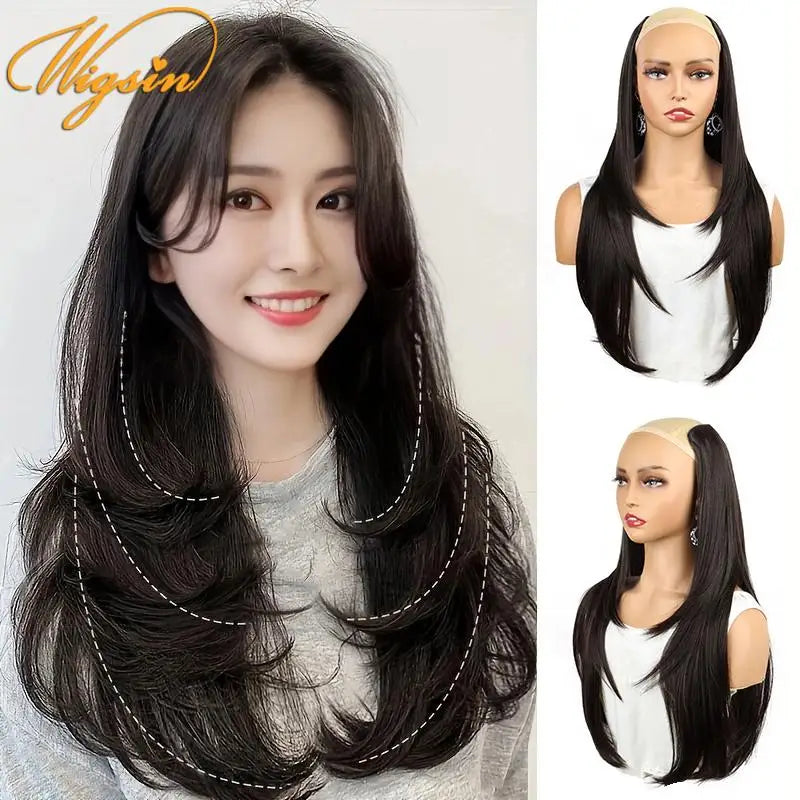 WIGSIN - Extensión de cabello sintético de 22 pulgadas en forma de V, con 4 clips, largo y liso, peluca invisible de moda para mujer