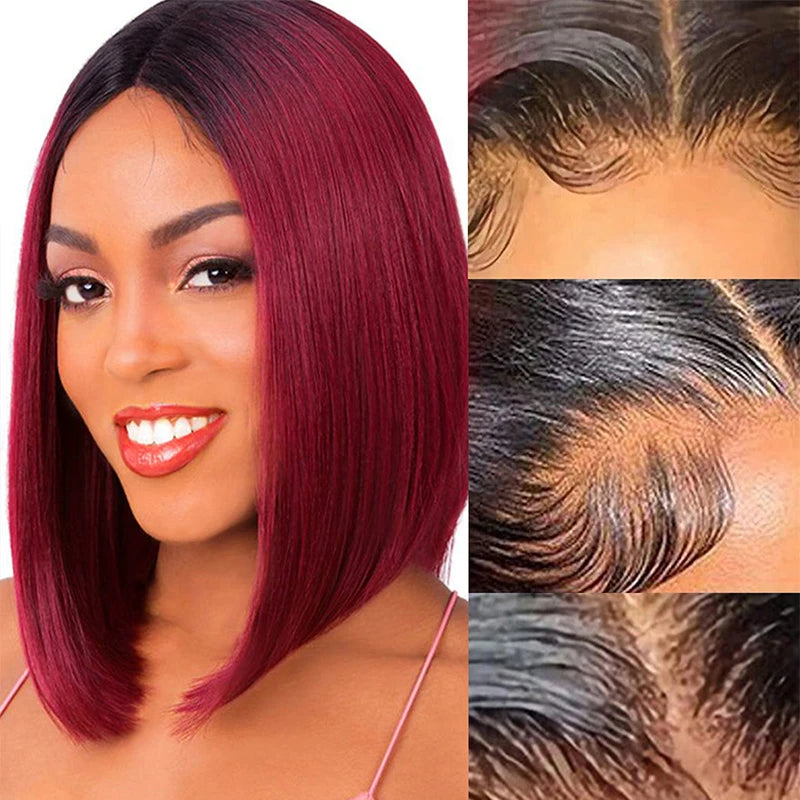 Perucas de cabelo humano cor de vinho 1B/99J, curtas, retas, brasileiras, com renda frontal, pré-depiladas, parte em T, perucas de renda, cabelo Remy