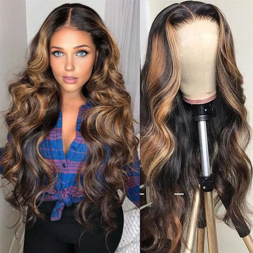 Peruca feminina longa e reta com divisão ao meio, fibra natural sedosa de alta temperatura, mechas, cabelo sintético longo e cacheado.