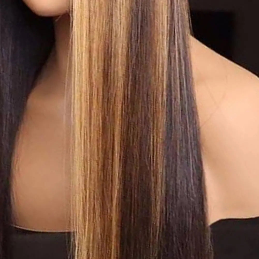 Peruca feminina longa e reta com divisão ao meio, fibra natural sedosa de alta temperatura, mechas, cabelo sintético longo e cacheado.