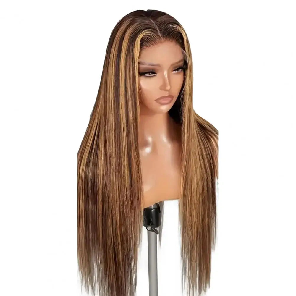 Peruca feminina longa e reta com divisão ao meio, fibra natural sedosa de alta temperatura, mechas, cabelo sintético longo e cacheado.