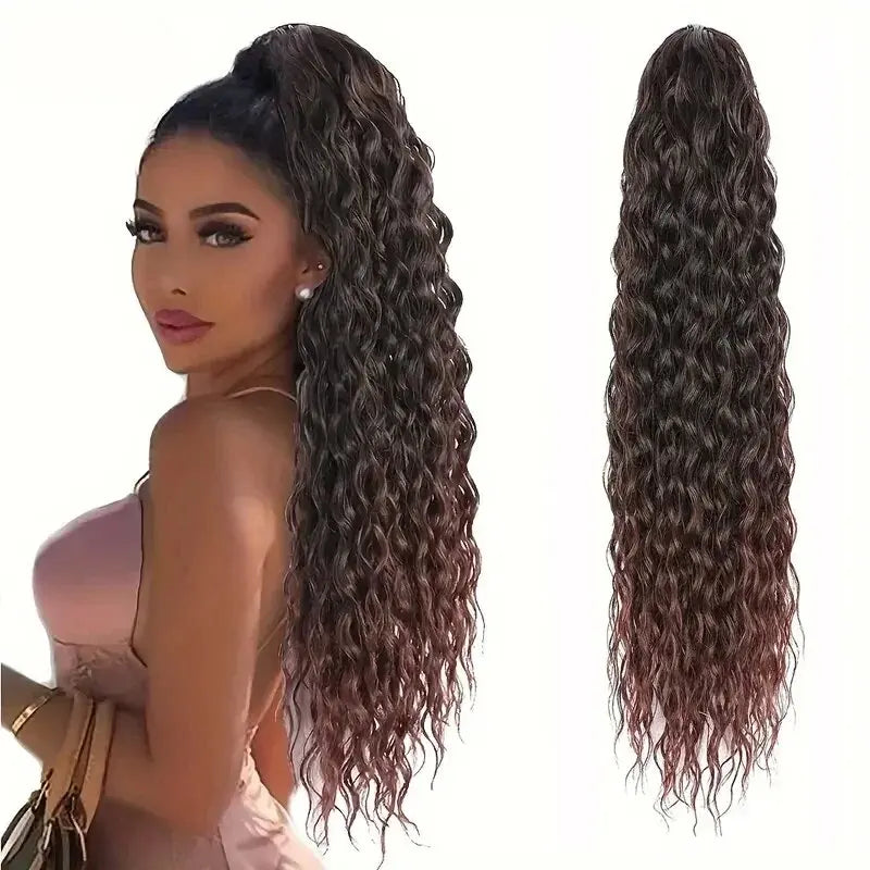 Extensiones de cola de caballo sintética rizada de 22 pulgadas para mujer, con cordón negro, ondas naturales al agua