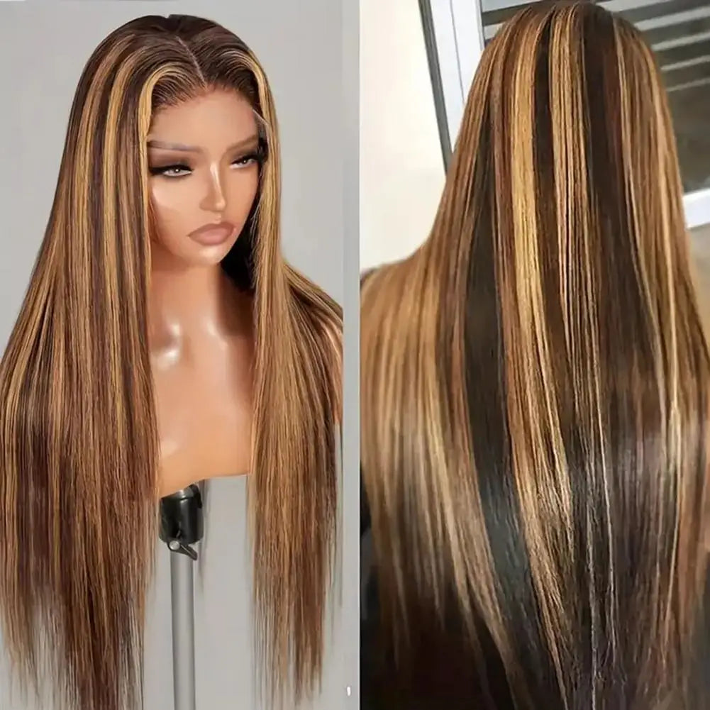 Peruca feminina longa e reta com divisão ao meio, fibra natural sedosa de alta temperatura, mechas, cabelo sintético longo e cacheado.