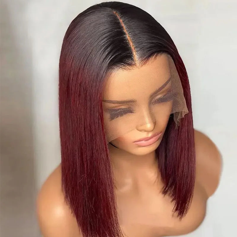 Perucas de cabelo humano cor de vinho 1B/99J, curtas, retas, brasileiras, com renda frontal, pré-depiladas, parte em T, perucas de renda, cabelo Remy