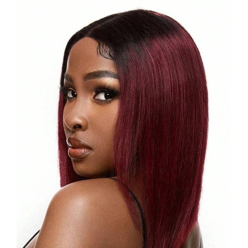 Perucas de cabelo humano cor de vinho 1B/99J, curtas, retas, brasileiras, com renda frontal, pré-depiladas, parte em T, perucas de renda, cabelo Remy