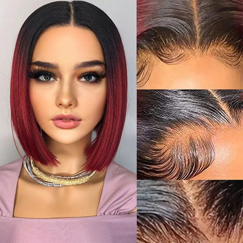 Perucas de cabelo humano cor de vinho 1B/99J, curtas, retas, brasileiras, com renda frontal, pré-depiladas, parte em T, perucas de renda, cabelo Remy