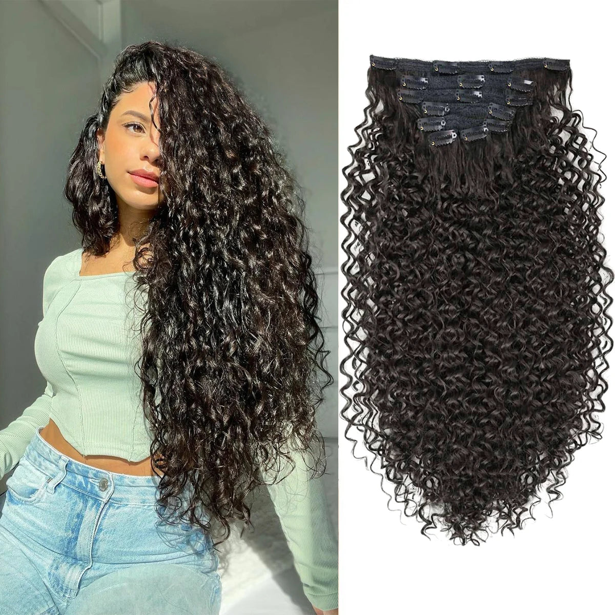 Extensiones de cabello sintético rizado con clip, postizos rizados con clip, extensiones postizas para cabeza completa, cabello negro y castaño para mujeres.