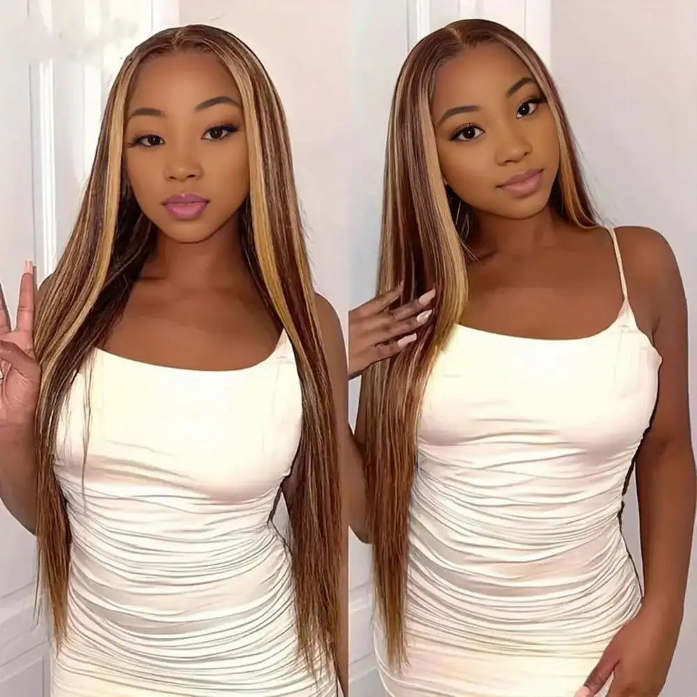 Peruca feminina longa e reta com divisão ao meio, fibra natural sedosa de alta temperatura, mechas, cabelo sintético longo e cacheado.