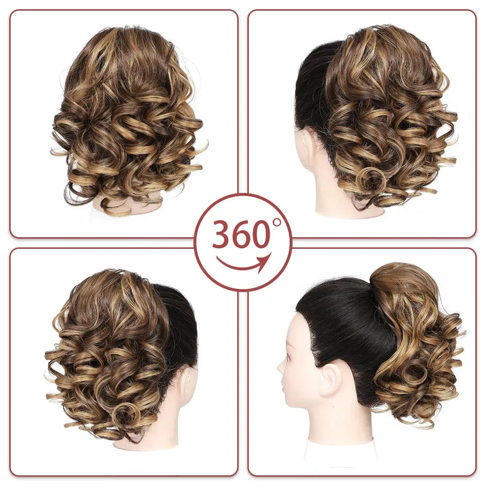 Extensiones de cabello sintético corto con clip, cola de caballo cortas y rizadas con cordón, elegantes para uso diario.
