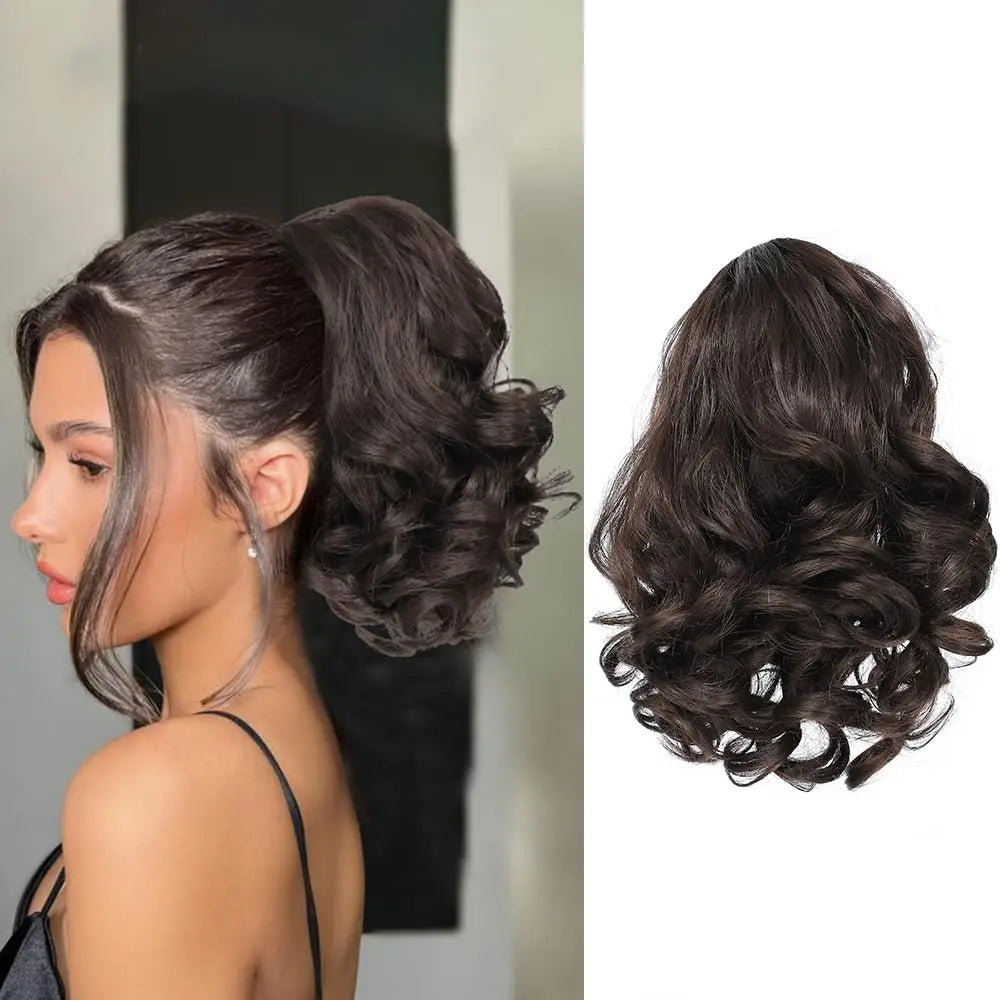 Extensiones de cabello sintético corto con clip, cola de caballo cortas y rizadas con cordón, elegantes para uso diario.