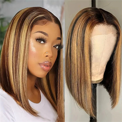 Peruca de cabelo humano transparente com renda frontal 13x4, loiro mel, ombré 13x4, 10-16 polegadas, 4/27