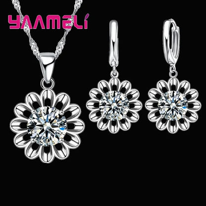 Novo conjunto de joias de casamento femininas de prata esterlina 925 de alta qualidade com pingente de cristal, colar e brincos de argola, grande promoção.