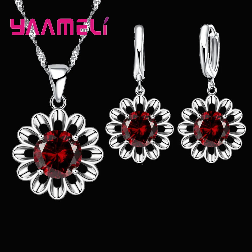Novo conjunto de joias de casamento femininas de prata esterlina 925 de alta qualidade com pingente de cristal, colar e brincos de argola, grande promoção.