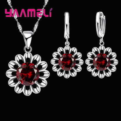Novo conjunto de joias de casamento femininas de prata esterlina 925 de alta qualidade com pingente de cristal, colar e brincos de argola, grande promoção.