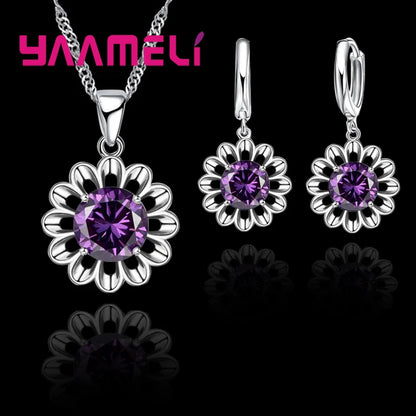 Novo conjunto de joias de casamento femininas de prata esterlina 925 de alta qualidade com pingente de cristal, colar e brincos de argola, grande promoção.