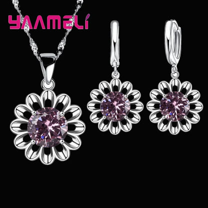 Novo conjunto de joias de casamento femininas de prata esterlina 925 de alta qualidade com pingente de cristal, colar e brincos de argola, grande promoção.