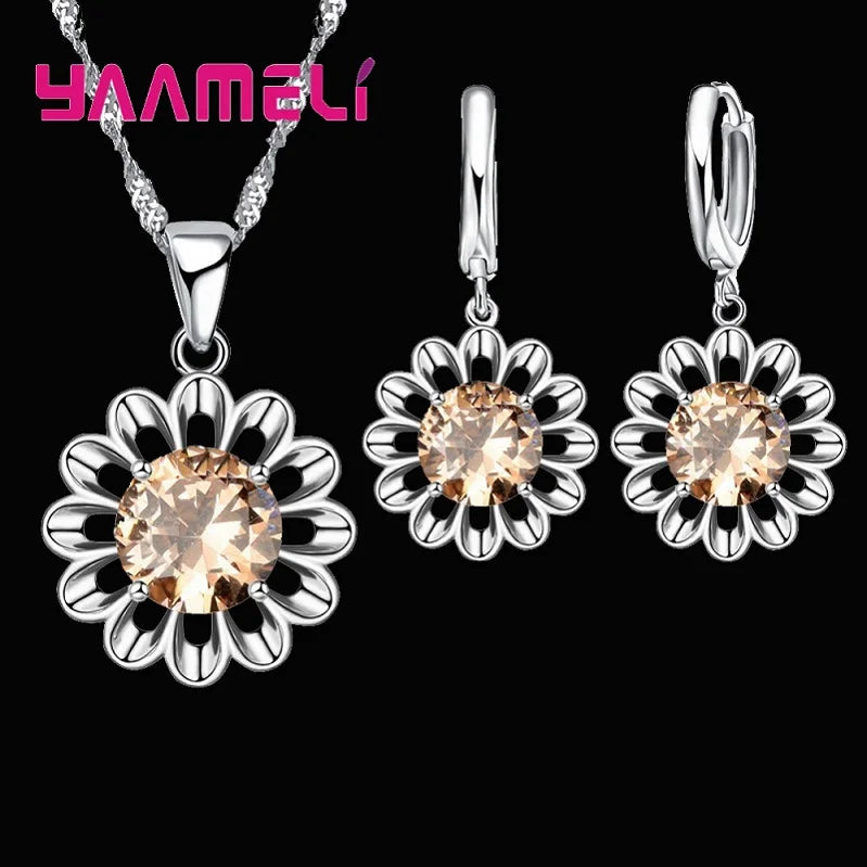 Novo conjunto de joias de casamento femininas de prata esterlina 925 de alta qualidade com pingente de cristal, colar e brincos de argola, grande promoção.