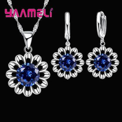 Novo conjunto de joias de casamento femininas de prata esterlina 925 de alta qualidade com pingente de cristal, colar e brincos de argola, grande promoção.