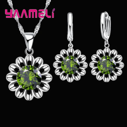 Novo conjunto de joias de casamento femininas de prata esterlina 925 de alta qualidade com pingente de cristal, colar e brincos de argola, grande promoção.