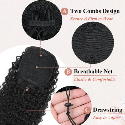 Extensiones de cola de caballo sintética rizada de 22 pulgadas para mujer, con cordón negro, ondas naturales al agua