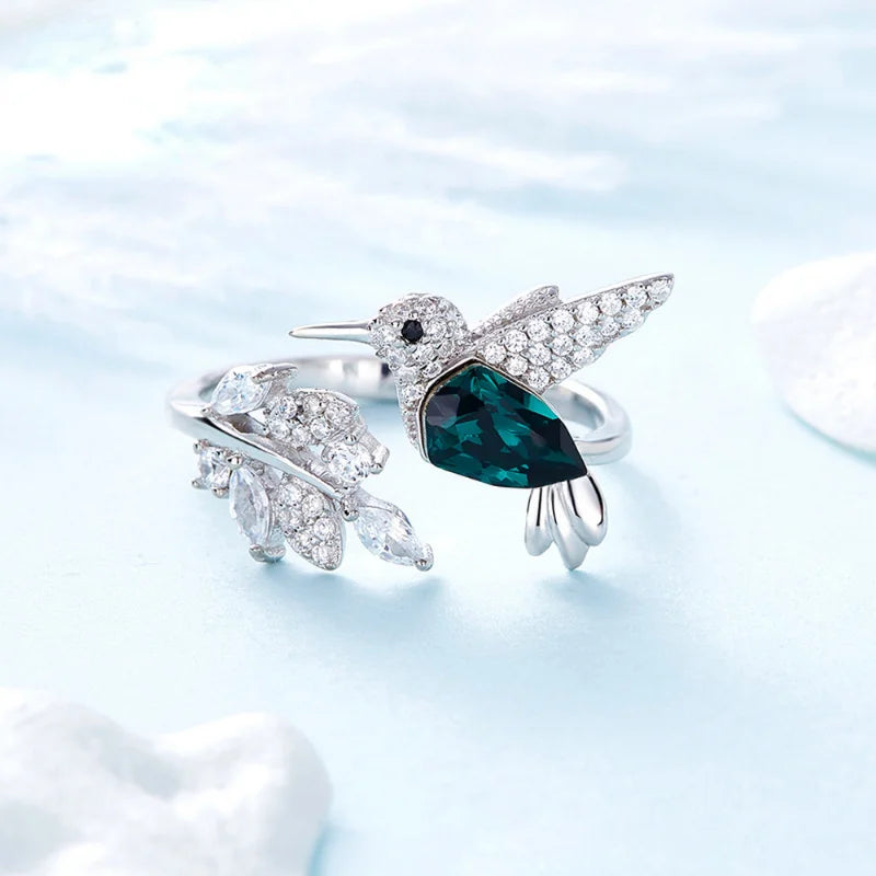 Elegantes anillos de colibrí ajustables de piedra azul natural para mujer, rellenos de vidrio, joyería de compromiso, boda y fiesta.