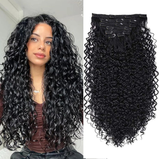 Extensiones de cabello sintético rizado con clip, postizos rizados con clip, extensiones postizas para cabeza completa, cabello negro y castaño para mujeres.