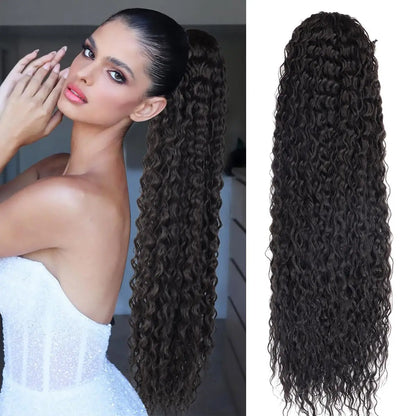 Extensiones de cola de caballo sintética rizada de 22 pulgadas para mujer, con cordón negro, ondas naturales al agua
