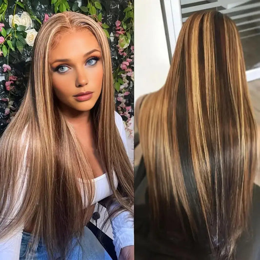 Peluca larga y recta para mujer, con raya en medio, de fibra sedosa natural de alta temperatura, con reflejos, cabello sintético largo y rizado.