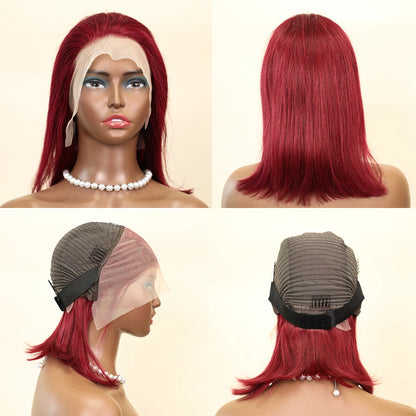 Perucas curtas e retas de cabelo humano cor de vinho, pré-depiladas, 13x4, peruca de renda transparente, perucas de cabelo humano brasileiro 99J 