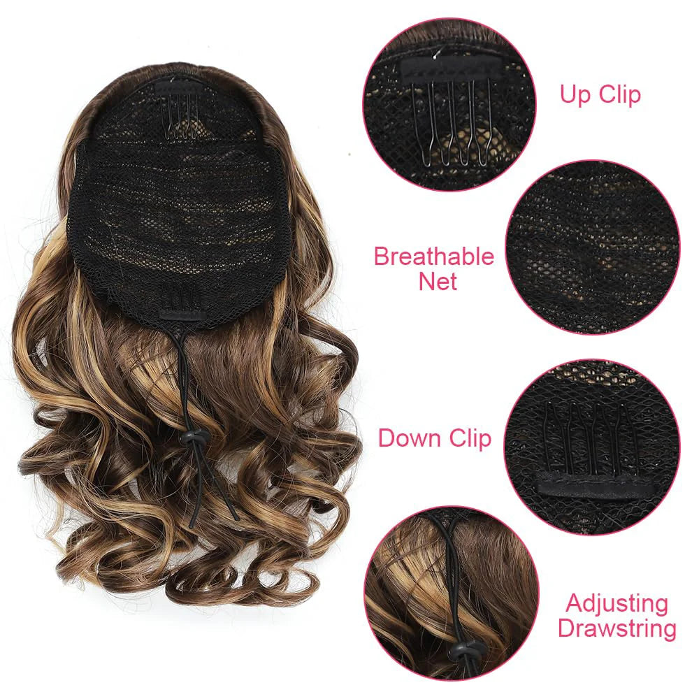 Extensiones de cabello sintético corto con clip,  cola de caballo cortas y rizadas con cordón, elegantes para uso diario.