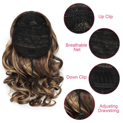 Extensiones de cabello sintético corto con clip,  cola de caballo cortas y rizadas con cordón, elegantes para uso diario.