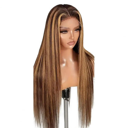 Peruca feminina longa e reta com divisão ao meio, fibra natural sedosa de alta temperatura, mechas, cabelo sintético longo e cacheado.