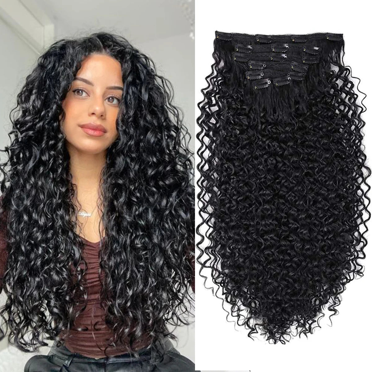 Extensiones de cabello sintético rizado con clip, postizos rizados con clip, extensiones postizas para cabeza completa, cabello negro y castaño para mujeres.
