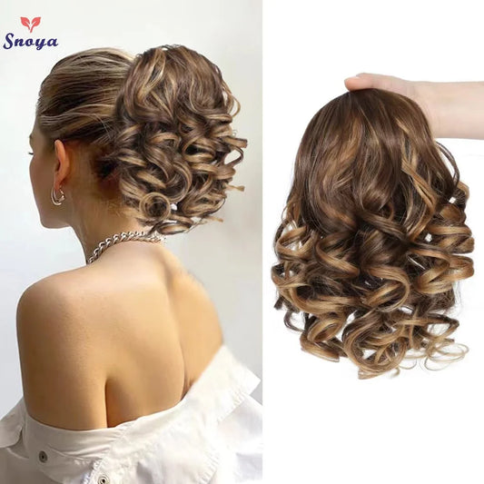 Extensiones de cabello sintético corto con clip,  cola de caballo cortas y rizadas con cordón, elegantes para uso diario.