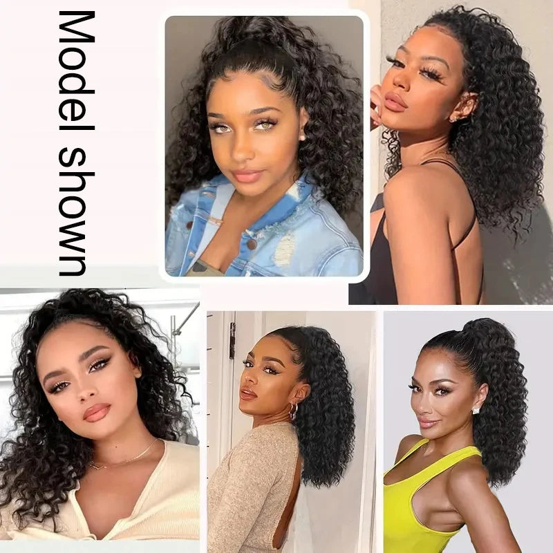 Extensión de cabello sintético afro largo y rizado de 18 pulgadas con cordón para cola de caballo.
