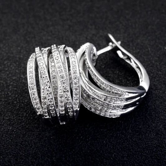 Brincos de argola Huitan em formato de cruz, prateados, com cristais e zircônias cúbicas, estilo feminino, joias da moda.