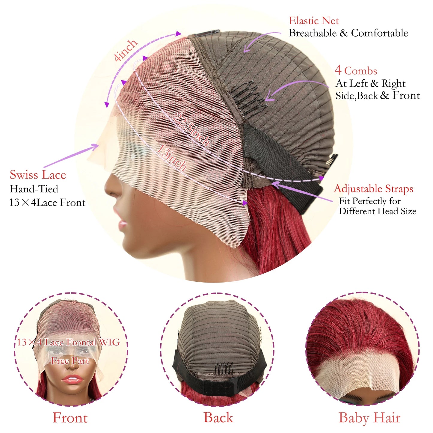 Perucas curtas e retas de cabelo humano cor de vinho, pré-depiladas, 13x4, peruca de renda transparente, perucas de cabelo humano brasileiro 99J 