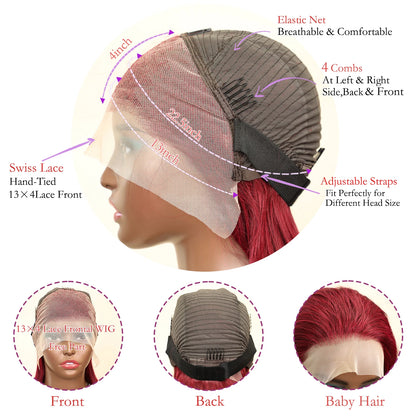 Perucas curtas e retas de cabelo humano cor de vinho, pré-depiladas, 13x4, peruca de renda transparente, perucas de cabelo humano brasileiro 99J 
