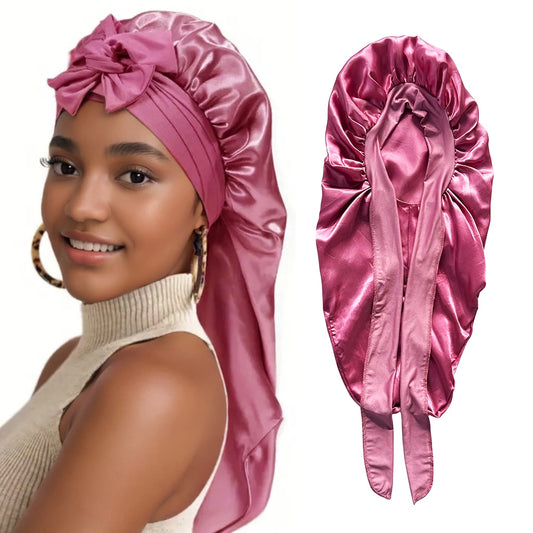 Conjunto de touca longa + faixa elástica de cetim para cabelo, touca longa e sedosa para dormir com faixa elástica larga