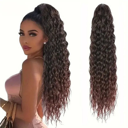 Extensiones de cola de caballo sintética rizada de 22 pulgadas para mujer, con cordón negro, ondas naturales al agua