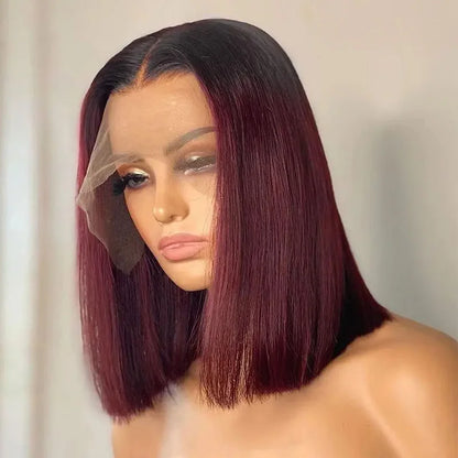 Perucas de cabelo humano cor de vinho 1B/99J, curtas, retas, brasileiras, com renda frontal, pré-depiladas, parte em T, perucas de renda, cabelo Remy