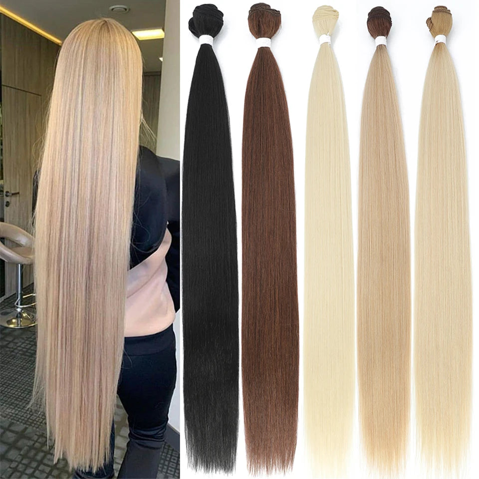 Extensiones de cabello sintético súper largo natural de salón, cabello lacio Yaki.