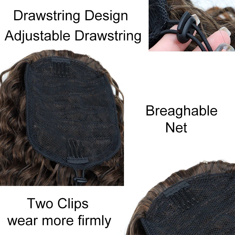 Extensión de cabello sintético afro largo y rizado de 18 pulgadas con cordón para cola de caballo.