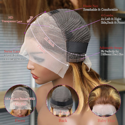 Peruca de cabelo humano transparente com renda frontal 13x4, loiro mel, ombré 13x4, 10-16 polegadas, 4/27