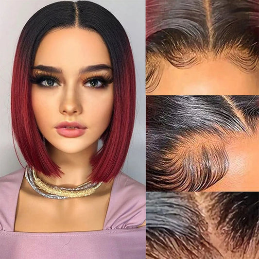 Perucas de cabelo humano cor de vinho 1B/99J, curtas, retas, brasileiras, com renda frontal, pré-depiladas, parte em T, perucas de renda, cabelo Remy