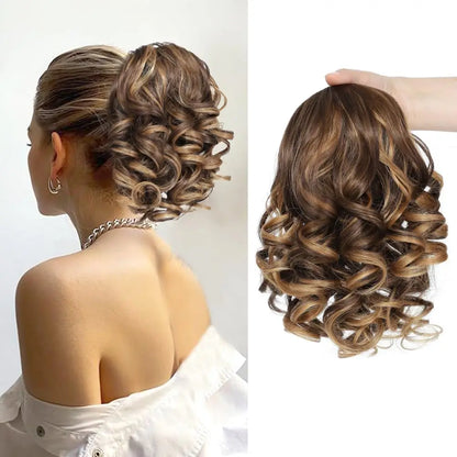 Extensiones de cabello sintético corto con clip,  cola de caballo cortas y rizadas con cordón, elegantes para uso diario.