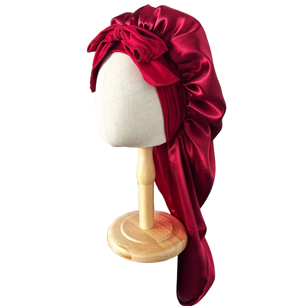 Conjunto de touca longa + faixa elástica de cetim para cabelo, touca longa e sedosa para dormir com faixa elástica larga