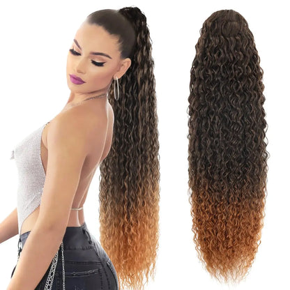Extensiones de cola de caballo sintética rizada de 22 pulgadas para mujer, con cordón negro, ondas naturales al agua