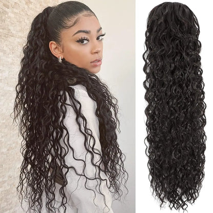 Extensiones de cola de caballo sintética rizada de 22 pulgadas para mujer, con cordón negro, ondas naturales al agua