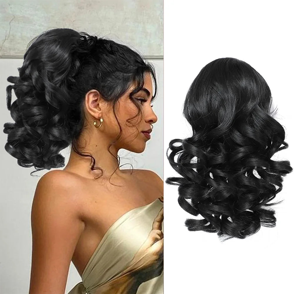 Extensiones de cabello sintético corto con clip,  cola de caballo cortas y rizadas con cordón, elegantes para uso diario.